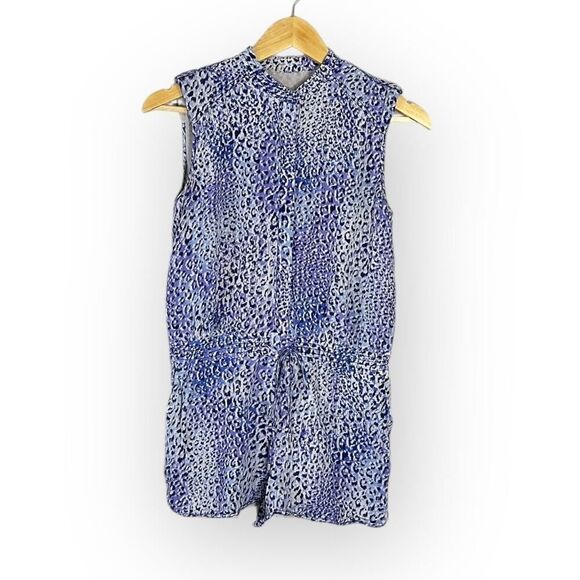 REBECCA TAYLOR Leo Fever Romper Women's 6 Silk Blue White Leopard Sleeveless - Picture 3 of 11